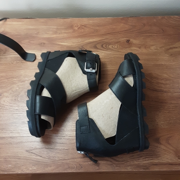 Sorel Joanie ll Black Leather Wedge Sandals Women - Picture 3 of 7